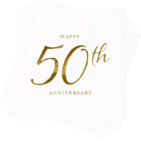 مناديل ورقية للاستعمال مرة واحدة من X&O Paper Goods TW4-19878 Happy 50th Anniversary، مقاس 5 بوصة × 5 بوصة، رقائق ذهبية، 20 قطعة