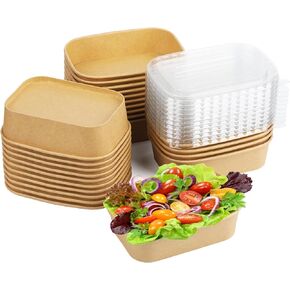 50 ​Pack 19 oz Paper Bowls, Disposable Food Containers with Lids, Rectangular Disposable Bowls with Lids, Disposable Salad Bowls with Lids for Diet Salad, Ice Cream, Yogurt, Party Food