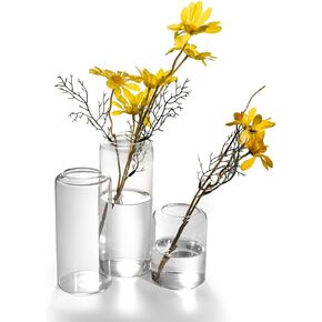 Blue Bud Vases for Flowers- Set of 3, Clear Small Bud Vases in Bulk for Flowers, Hand Blown Decorative Cylinder Glass Vases, for Wedding Party Events Home Deco Table Centerpieces (Blue, 3 pcs)