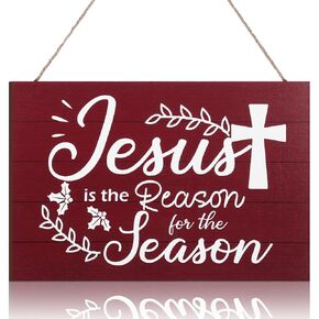 Christmas Jesus Wood Sign Jesus is The Reason for The Season Hanging Sign Nativity Cross Scene Wall Decor Christmas Tree Ornaments for Christmas Holiday Door Wall Indoor Outdoor Decorations (Red)