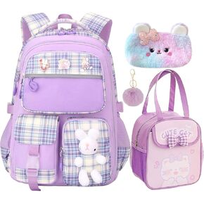 3PCS Girls Backpacks with Lunch Box & Pencil Case, Bunny Backpack Set for Kids, Cute Backpacks for Elementary School Girls Rabbit Bags Bookbags (Purple 2, 1st-3rd Grade)