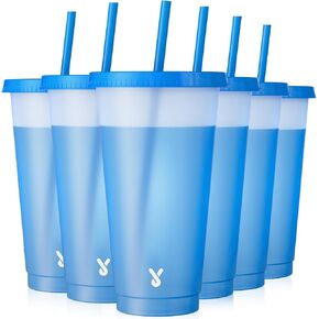 Meoky Plastic Cups with Lids and Straws - 6 Pack 24 oz Tumblers Bulk for Iced Coffee, Reusable Color Changing Cups for Party, Car, Women, Adults, BPA-free (Blue)