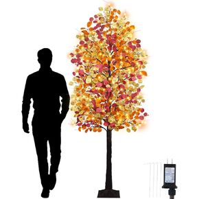 8FT Lighted Fall Eucalyptus Trees Fall Decor, 160 LED Warm White Faux Autumn Trees with Berries Timer 8 Modes Light Up Fall Tree for Autumn Harvest Thanksgiving Indoor Outdoor Decor