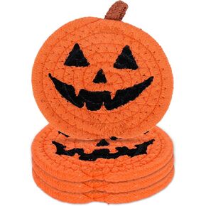 Whaline 4Pcs Halloween Pumpkin Handmade Braided Cotton Coasters Orange Black Pumpkin Shape Drink Coasters Absorbent Cup Coasters for Home Office Party Decor, 4.7 Inch
