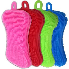 Silicone Dish Sponge - Dishwashing Kitchen Scrubber - Double Sided Sponge Brush - Multipurpose & Reusable Silicone Dish Sponges for Dishes, Fruits & Vegetables Cleaning - Multicolor (4 Pack)