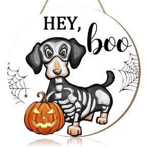 Halloween Ghost Dog Door Hanging Sign Decorations, Hey Boo Skeleton Pumpkin Spider Web Round Wooden Signs, Halloween Front Door Hanger Wreath Yard Wall Home Decor for Halloween Party Supplies