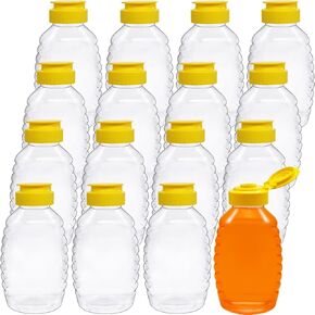 Qiuttnqn 16 Pack 8oz Clear Plastic Honey Bottles,Squeeze Honey Bottle Container Holder with Flip Lid for Storing and Dispensing,Refillable Food Grade Honey Container