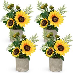 Artificial Sunflowers Decor, 4 Pack Potted Plants Yellow Fake Flower in Pots, Artificial Sunflower for Bathroom Home Kitchen Rustic Table Centerpiece Shelf Decor (Sunflower)