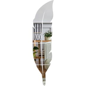 3D Acrylic Mirror Wall Decor Stickers, Silver Feather Shaped DIY Removable Self-Adhesive Wall Art Decals for Living Room Bedroom Bathroom Farmhouse Home Decorations, 47.2 x 11.8 Inch