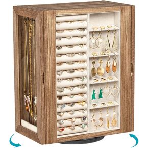 Emfogo 360° Rotating Jewelry Box for Women, Rustic Wooden Jewelry Organizer Box with 5 Drawers, Glass Doors, Vertical Open Design Jewelry Storage Case Display for Earrings Rings Necklaces Bracelets