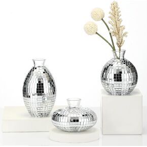 3 Pcs Disco Ball Glass Vases Mini Silver Mirror Disco Ball Vase Small Disco Ball Planter for Floral Arrangement Wedding Centerpieces Bedroom Kitchen Office Decoration