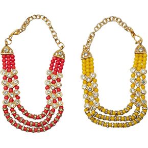 Set of 2 Moti Mala Stone Set for Laxmi Ganesh/Devi Maa/Radha Krishna/Indian Traditional God Goddess Haar Sringar Set Deity jewellary for All God Statue Festival Decoration(Size:1.5")(Red & Yellow)