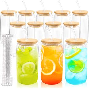 Joyclub 12 Set Glass Cups with Bamboo Lids and Straws 16oz Can Shaped Reusable Iced Coffee Cups with Lids, Drinking Glasses Tumbler with Straw and Lid for Soda Boba Tea Cocktail Whiskey Gift