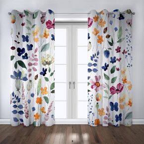 Floral Leaves Print Blackout Curtains 63 Inch Long 2 Panel 42x63, Modern Watercolor Wildflower Multicolor Flowers Plant Printing Thermal Insulated Drapes Window Curtains for Bedroom Living Room Decor