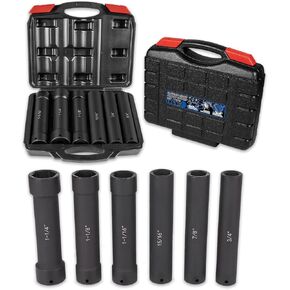 1/2 Inch Drive Extended Length Impact Socket Set 6 Sizes - Hex Sizes 3/4", 7/8", 15/16", 1-1/16", 1-1/8", 1-1/4"Extra-Deep Length Extra-Deep Impact Set Heavy Duty with Case
