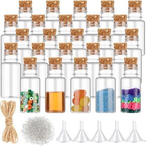Bokon 25 Packs Mini Plastic Bottles with Corks Stoppers Eye Screws Funnels Small Potion Bottles Tiny Clear Sand Art Bottles Wishing Vial for Birthday Party DIY Crafts Gift