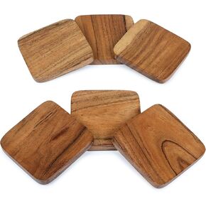 Acacia Wood Coasters Set of 6 | Square Wooden Coasters for Home and Office Decor, Heat Resistant Drink Coasters for Coffee Table | Rustic Coasters for Wooden Table | 4 by 4 inches