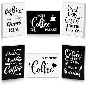 Woanger 6 Pcs Mini Coffee Bar Sign Wooden Farmhouse Coffee Bar Decor But First Coffee Sign Small Coffee Table Sign Vintage Kitchen Wood Plaque for Tiered Tray Decor Home Decorations,3.5 x 2.5 in