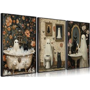 3Pcs Halloween Ghosts Canvas Wall Art Ghost on ToiletBlack Cat Funny Gothic Wall Decor Pictures Retro Horror Creepy Dark Academia Posters Prints for Bathroom Gallery Street Bar Home Decor Unframed (poster, 12x16inx3pcs)