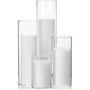 Shihanee Set of 4 White Pillar Candles and Glass Cylinder Vases 4 Sizes Clear Cylinder Candle Holders for Pillar Candles Home Table Centerpieces Decoration (2.6'' X 3.9'',5.9'',7.9'',9.8'')