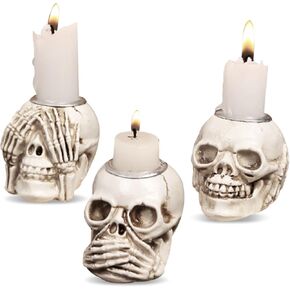 Chris.W 3 قطع حامل شموع جمجمة الهالوين، حامل شمعدان على شكل هيكل عظمي قوطي من الراتنج، حامل شمعدان على شكل هيكل عظمي، حامل شموع على سطح المكتب مخيف للهالوين، بار منزلي، ديكور مقبرة (أبيض) in Kuwait