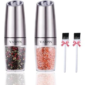 Electric Pepper and Salt Grinder Set, Adjustable Coarseness, Battery Powered with LED Light, One Hand Automatic Operation, Stainless Steel Sliver, 2 Pack