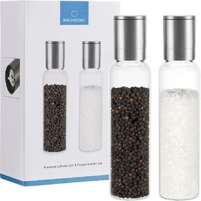 Premium Stainless Steel Salt and Pepper Grinder Set of 2 Borosilicate Glass Jar - Adjustable Coarseness Ceramic Clear Pepper Spices Shaker - Tall Grinder Mill Set Kitchen Gifts…