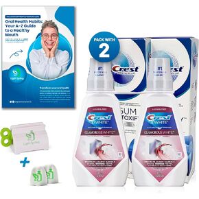 Crest Ultra Pro Health Gum Detoxify Tooth Paste 4.7 (2Pack) + Crest 3D White Luxe Glamorous White Mouthwash, 2 pk./32 oz. Bundle Better Health Smile Guide + Toothpaste Squeezer + Two No-Mess Caps