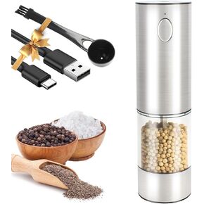 KUFUNG Electric Salt & Pepper Grinder - Automatic Spice Mill Set with Adjustable Coarseness - Refillable for Black Peppercorn & Sea Salt - USB Charge - Rechargeable (Silver-1 Pack)