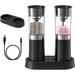 Gravity Electric Salt and Pepper Grinder Set, No Battery Needed, One Handed Operation, Automatic Salt & Pepper Mill - Spice Grinder, LED Light (2 Pack) (Black)