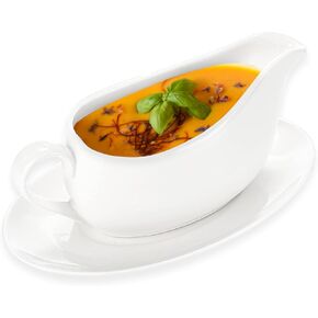Cheardia 14 oz Gravy Boat with Tray, White Ceramic Sauce Boat with Ergonomic Handle and Big Dripless Lip Spout for Salad Dressings, Creamer, Broth, Black Pepper