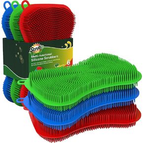 6 Pack Silicone Scrubbing Sponge by SCRUBIT - Real Silicon Non Scratch & Non Smell Kitchen Scrubber Pad for Dishes, Fruit, Vegetable - Reusable Cleaning Sponges - Multi-Colored Pads [Red, Green, Blue]