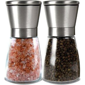 Salt and Pepper Grinder Set - Stainless Steel Refillable Salt and Pepper Shaker - Adjustable Ceramic Sea Salt and Pepper Grinder - Glass Salt and Pepper Mixer - Pepper and Salt Mill