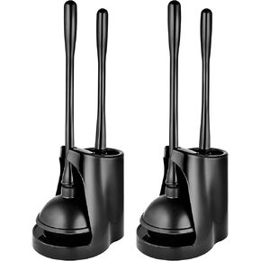 Toilet Plunger and Brush Set in Black (2 Pack) Bathroom Cleaning Essentials, Heavy Duty Scrubber Brushes, Rubber Plungers with Holders, Urinal Bowl Cleaner - Stock Your Home