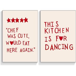 2Pcs Funny Kitchen Canvas Wall Art Trendy Red Minimalist Stars Heart Picture Aesthetic Posters Quotes Chef Was Cute This kitchen is for dancing Prints Wall Decor Unframed (12x16in x2Pcs Unframed)