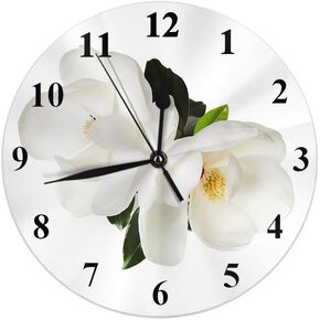 AOYEGO Magnolia Flower Wall Clock White Floral Green Leaf Chaste Symbol Elegant Round Clocks Wall Decorative Silent No Ticking 10 inch 25cm PVC Rustic Modern for Bedroom