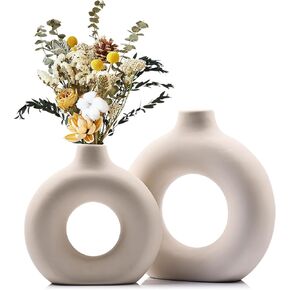 Off White Circle Vase with Hole, Ceramic White Vases Home Decor, Modern Minimalist Dining Table Centerpiece, Donut Beige White Vase for Shelf - for Pampas Grass Mantel Coffee Table Decorative