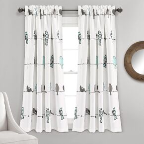 Lush Decor Rowley Birds Light Filtering Window Curtain Panels, Pair, 52" W x 63" L, Blue & Gray - Colorful Floral Print - Whimsical & Playful Bird Curtains For Bedroom, Living Room, Or Dining Room