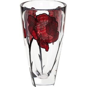 Kosta Boda 10" Tattoo Vase, Hand-Painted Glass - Rose Tattoo Inspired, Home & Office Decor - Table Centerpiece, Versatile Container for Florals, Red/Clear
