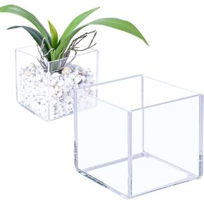 Kamehame Clear Vase 2 Pcs Acrylic Vase, 5"x5"x5" Succulent Pots Planters, Square Cube Vases for Centerpieces, Flower Vase for Home Office Wedding Floral Decor