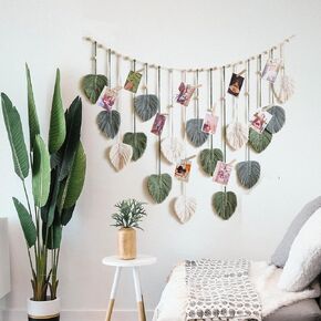 Koiywve 47x29'' Large Handmade Woven Leaf Tapestry, Macrame Wall Hanging Chic Feather for Boho Home Decor, Wood Bead Decration Photo Display Wall with 10pcs Wood clips for Bedroom Living Room Green