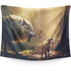 Reateforin Jesus Christ Tapestry Wolf Jesus and Lamb Wall Hanging Christian Wall Tapestry Jesus Wall Hanging Christian Gift for Women Men Backdrop Home Decor Religious Christian Gift 80.7"x90.55"