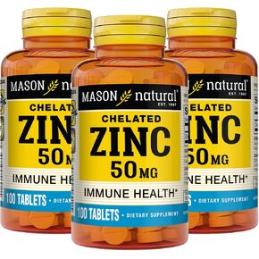 Mason Natural Zinc 50 mg - Improved Immune System Function, Supports Antioxidant Health, Aids Absorption of B Vitamins, 100 Tablets (Pack of 3)