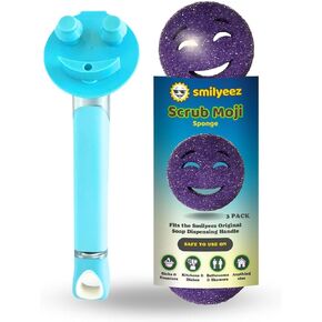 The Original Smiling Sponge Handle Soap Dispensing Handle by Smilyeez - (Light Blue) & 3 Purple Scrub Moji Sponges