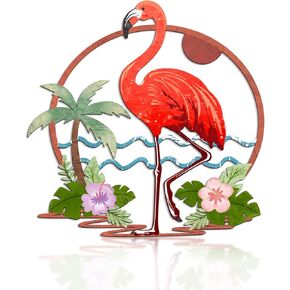Pink Flamingo Wall Decor, Outdoor Metal Wall Art, Flamingo Palm Tree Wall Plaque Hanging Artwork Decoration for Garden Patio Yard Living Room, Housewarming Gifts