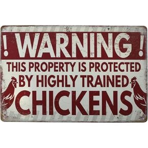 Warning This Property is Protected by Highly Trained Chickens Funny Vintage Metal Tin Sign Rural Retro Rooster Plaque Farm Home Wall Decor (Warning Chickens)