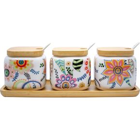 Set of 3 Printed White Ceramic Condiment Spice Jars With Spoons and Bamboo Lids and Tray (Floral Medley)