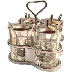 Thai Traditional Style Condiment Set, 4 Condiment Glass Jar and 4 Small Stainless Steel Spoons for Condiments.