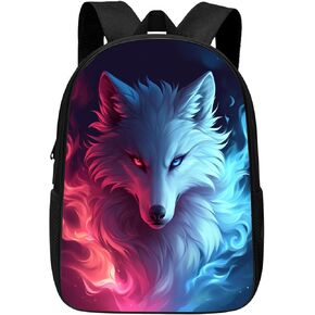 Wolf Backpack for Boys Girls Kids Teens, Cool Fire and Ice Wolf Bookbag, Elementary Middle High College School Casual Travel Bag Computer Laptop Daypack Rucksack, Blue Pink, 17 Inch