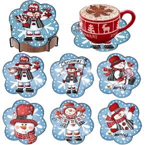 6 Pcs Diamond Art Coasters Kits with Holder Christmas Snowman Diamond Painting Coasters Kits for Adults Beginners 5D Diamond Coasters with Cork Pads Gem Art Dots Paintings Crafts Supplies